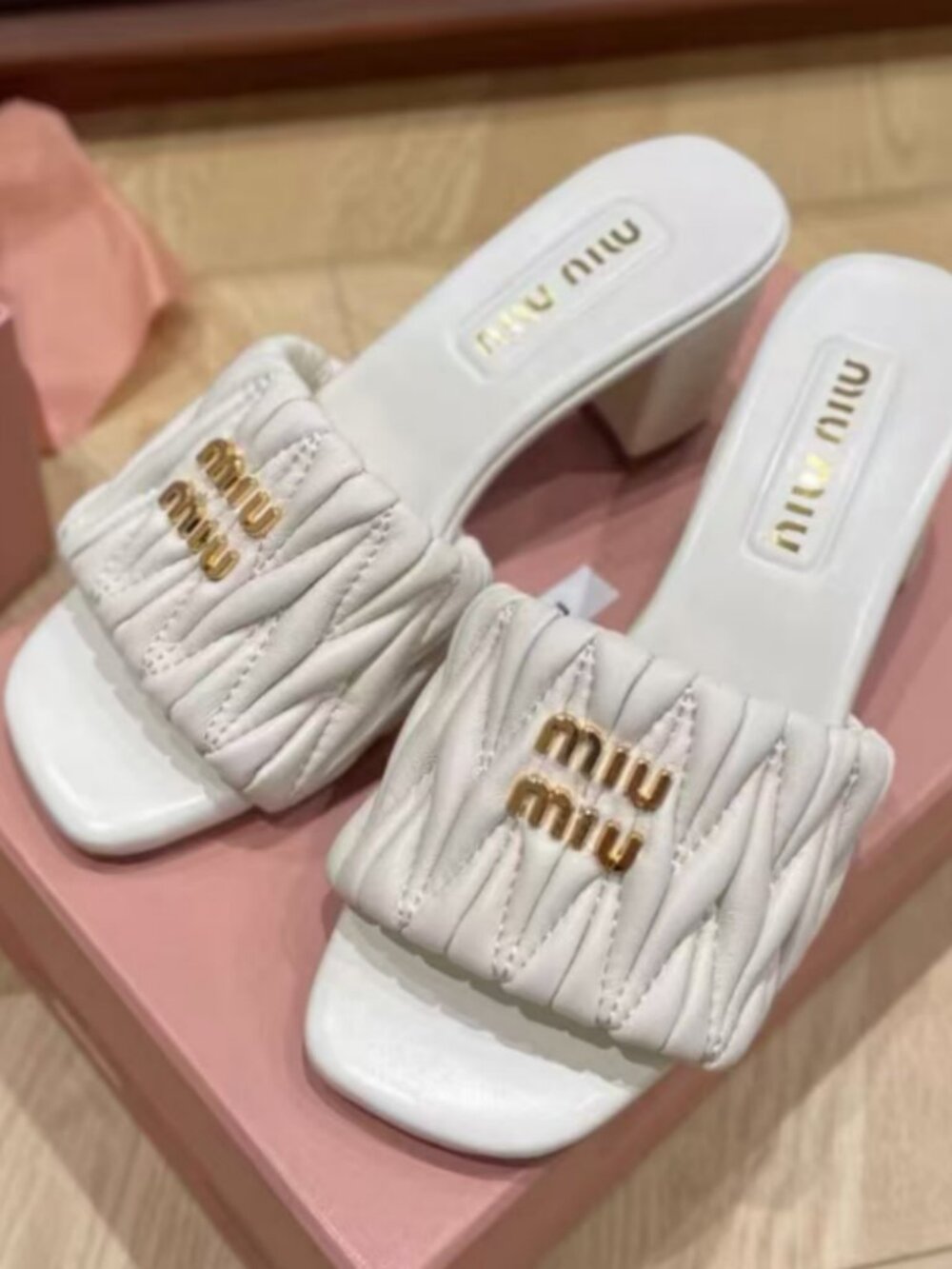 Miu Miu White Logo Block Heel Slides